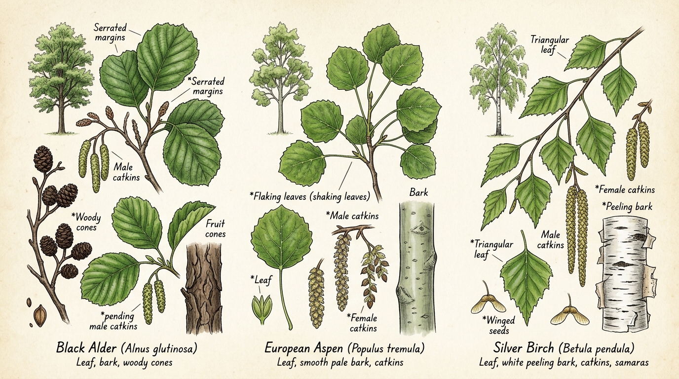 Field Guide Identification of Primary Host Trees: Black Alder, European Aspen, Silver Birch